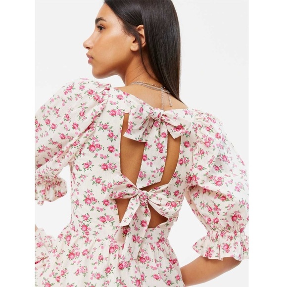 New Look Pink Floral Shirred Puff Sleeve Tie-Back Cotton Smock Mini Dress 14 - Picture 4 of 15